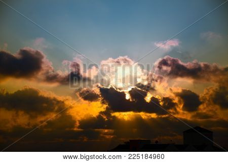 Golden Clouds In The Evening Day With Sunsets.