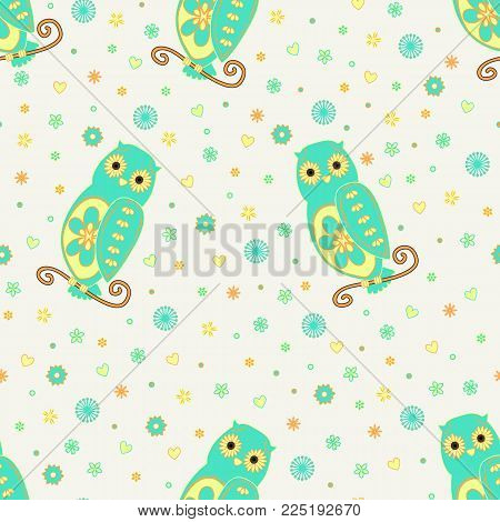 Funny seamless vector pattern with cartoon cute owls, flowers and hearts in yellow and green colors. Can be used for kid's,baby's shirt design, textile, fashion print design,fashion graphic,  pattern fills, little girls, boys and babies clothes and pajama