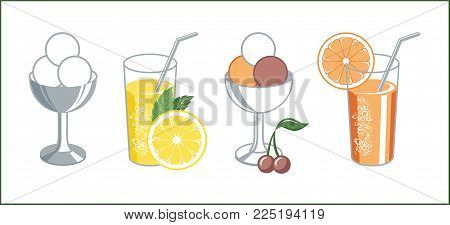 Set of retro icons of lemonade in a glass and fruit and vanilla ice cream in a vase