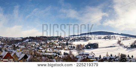 Panorama view Seiffen in Winter Saxony Germany ore mountains.