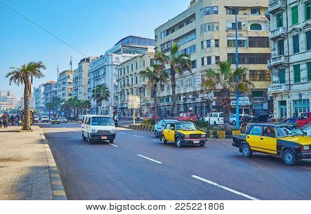 Alexandria, Egypt - December 17, 2017: Corniche Avenue Is The Busy Area At The Mediterranean Coast W