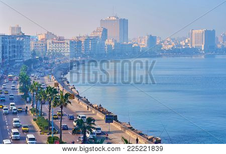 Alexandria, Egypt - December 17, 2017: The Light Morning Haze Over The Seaside Promenade - Corniche,