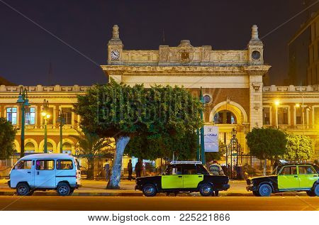 Alexandria, Egypt - December 17, 2017: The Facade Of Historic Building Of Misr Railway Station, Loca