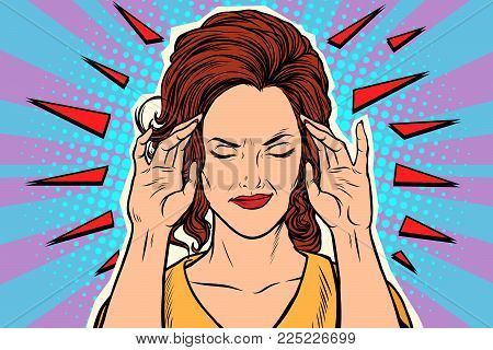 Woman headache, medical symptom of the disease. Pop art retro comic book vector illustration hand drawn