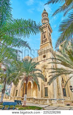 The scenic Abu al-Abbas al-Mursi Mosque with tall minaret and carved patterns is seen through the lush palm trees of the garden, Alexandria, Egypt