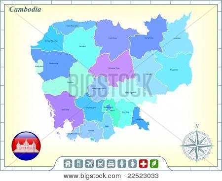 Kambodzsa Térkép-val zászló a gombok és a segítségnyújtás & aktiválja ikonok eredeti illusztráció