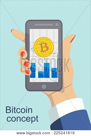 Vector image of golden bitcoin on mobile phone screen in female hand on blue background. Banner with space for text.