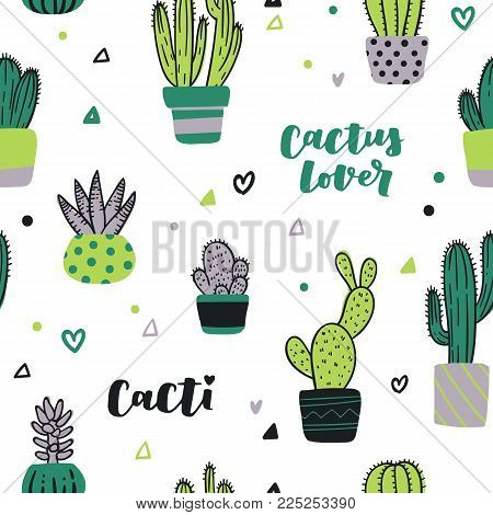 Cute hand drawn seamless pattern with cactus. Cartoon style vector illustration in modern color theme. Collection of cactuses and succulent in flower pots and hand lettering.