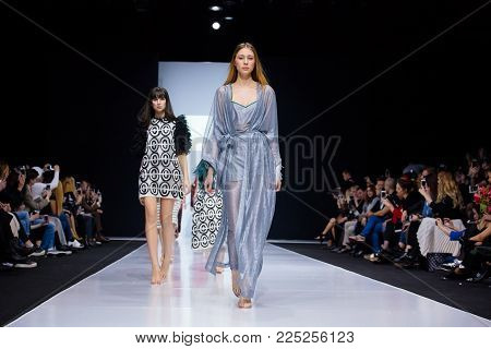 MOSCOW, RUSSIA - MARCH 26, 2017: Model walk runway for ANNETTE HOFFMANN catwalk at Autumn-Winter 2017-2018 Moscow Fashion Week.
