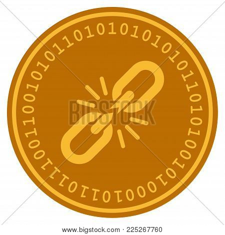 Break Chain Link golden digital coin icon. Vector style is a gold yellow flat coin cryptocurrency symbol.