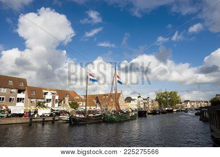 Netherlands Leiden Galgewater 3 October 2017, A Bright Blue Sunny Day And White Clouds And Old Big B
