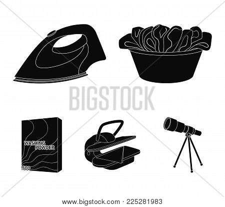 A bowl with laundry, iron, ironing press, washing powder. Dry cleaning set collection icons in black style vector symbol stock illustration .