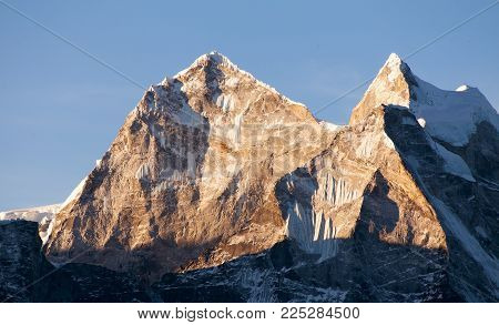 evening view of mount Kangtega and mount Thamserku, trek to Everest base camp, Khumbu valley, Solukhumbu, Sagarmatha national park, Nepalese Himalayas