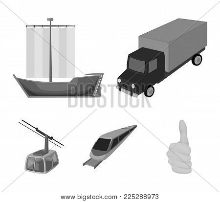 The truck, the boat, the subway, the funicular modes of transport. Transport set collection icons in monochrome style vector symbol stock illustration .