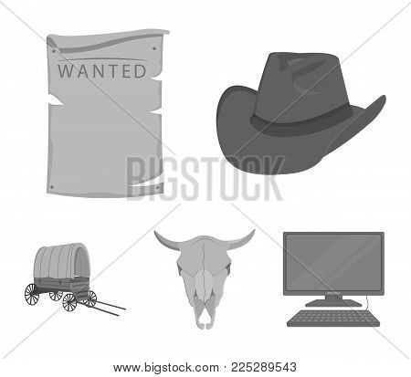 Cowboy hat, is searched, cart, bull's skull. Wild West set collection icons in monochrome style vector symbol stock illustration .