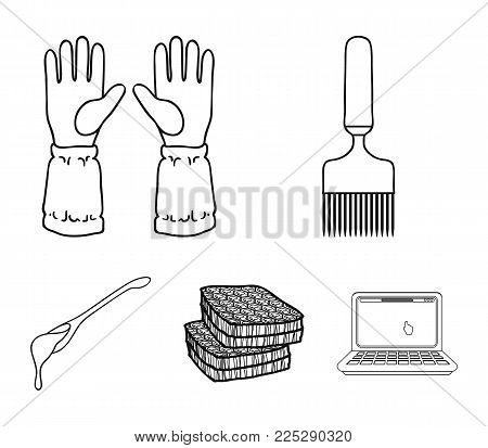 A spoon of honey, protective gloves, a honeycomb with honey, a fork.Apiary set collection icons in flat style vector symbol stock illustration .