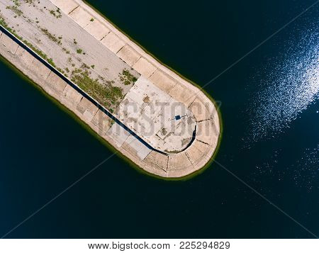 Aerial View Breakwater At Sea, Pier, Groyne, Dock, View From Above Cutwater