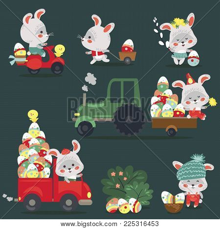 Set of Easter bunny drive car with truck, decorated eggs hunter holding full basket, cute white rabbit auto driver hunting, happy holiday vector greeting card, spring hare isolated illustration.