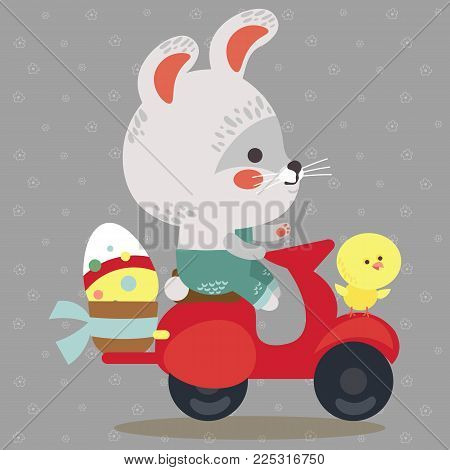Easter bunny drive motorcycle, decorated eggs hunter hare carries a baskett, cute white rabbit auto driver hunting, isolated illustration.