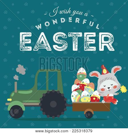 Set of Easter bunny drive car with truck, decorated eggs hunter holding full basket, cute white rabbit auto driver hunting, happy holiday vector greeting card, spring hare isolated illustration.
