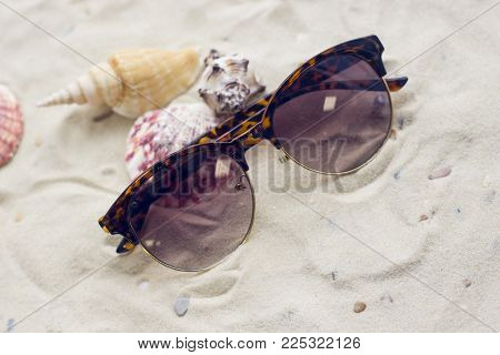 Enjoying vacation mood, sea shells and sunglasses on white sand background. Space for a text or product display, top view.
