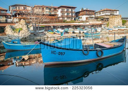 Nessebar, Bulgaria - April 24, 2013: Old Wooden Fishing Boat In Port Of Nessebar,  Ancient City On T