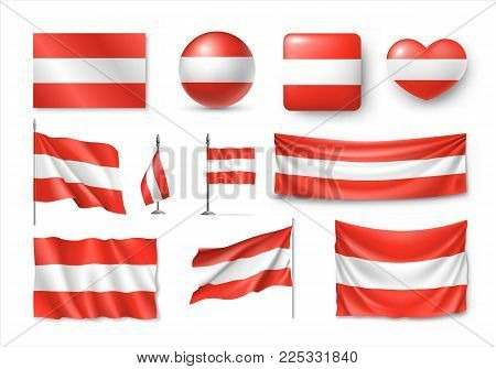 Set Austia flags, banners, banners, symbols, flat icon. Vector illustration of collection of national symbols on various objects and state signs