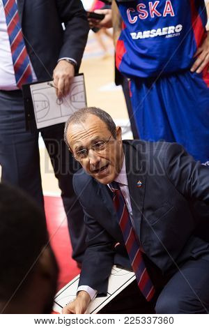 SAMARA, RUSSIA - DECEMBER 01: BC CSKA head coach Ettore Messina during a timeout of the BC Krasnye Krylia basketball game on December 01, 2013 in Samara, Russia.