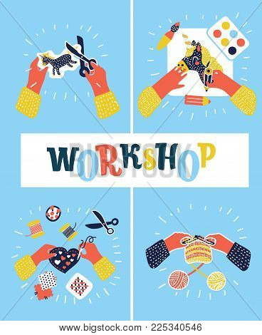 Vector cartoon illustration of creative kids lab, top view, creative kids hands. Cutting paper, painting, knitting, embroidery, applique, sawing. Child workshop. Colorful concept in modern style set.