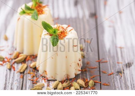 Indian Kulfi Dessert, Ice Cream With Safron, Mint, Nuts