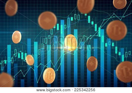Abstract forex chart with bitcoin rain. Cryptocurrency andf finance concept. 3D Rendering