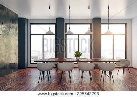 Bright meeting room interior with city view. Corporate presentation concept. 3D Rendering