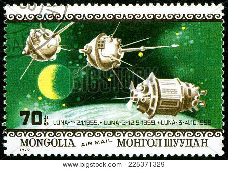Ukraine - circa 2018: A postage stamp printed in Mongolia show interplanetary stations Luna 1, 2 and 3. Series: Air Mail. Apollo 11 Moon Landing 10th Anniversary. Circa 1979.