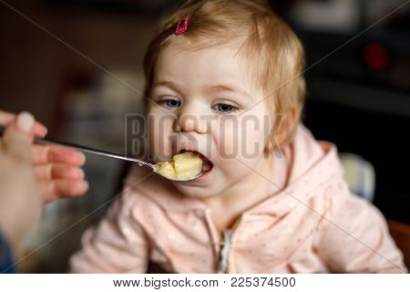 Adorable baby girl eating from spoon mashed vegetables and puree. food, child, feeding and people concept -cute toddler, daughter with spoon sitting in highchair and eating at home
