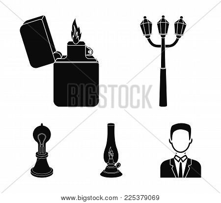 Street Lamp, Lighter, Kerosene Lamp, Lamp Of Edison.light Source Set Collection Icons In Black Style