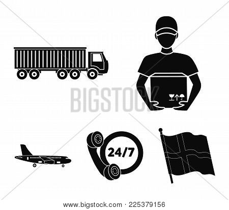 Round-the-clock Communication, Courier With Box, Truck, Cargo Plane. Logistic, Set Collection Icons 