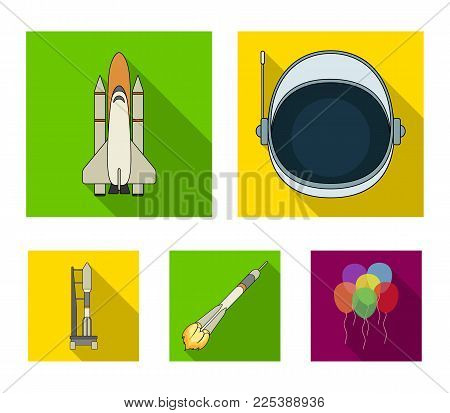 A spaceship in space, a cargo shuttle, A launch pad, an astronaut's helmet. Space technology set collection icons in flat style vector symbol stock illustration .