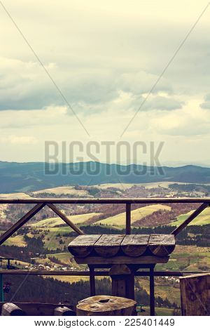 Outdoor Bench In A Nice Mountain Area.   A Place To Relax, A Picnic Place, A Campsite