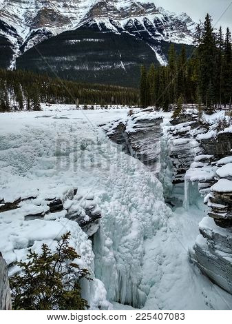 Icy Sunwapta Falls In Winter Surrounded My Snowy Trees