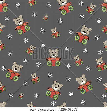 Teddy Bear Seamless And Winter Seamless Snowflake Pattern. Bear Doll Seamless Pattern