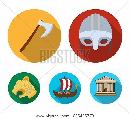 Viking Helmet, Battle Ax, Rook On Oars With Shields, Dragon, Treasure. Vikings Set Collection Icons 