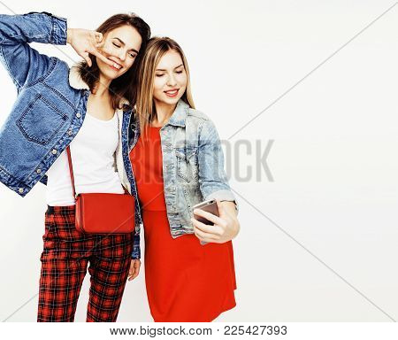 Best Friends Teenage Girls Together Having Fun, Posing Emotional On White Background, Besties Happy 