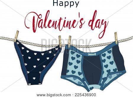 Women's  Panties And Men's Boxer Briefs In The Patterns Of Hearts. Underwear On Rope With Clothespin