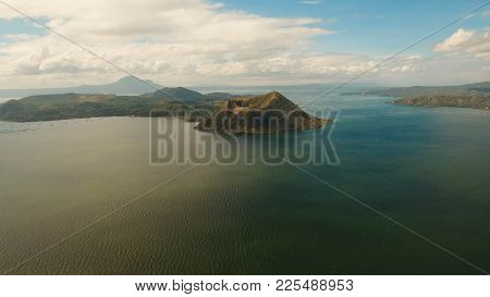 Aerial View Taal Volcano On Luzon Island North Of Manila In Philippines. Volcano With A Crater On An