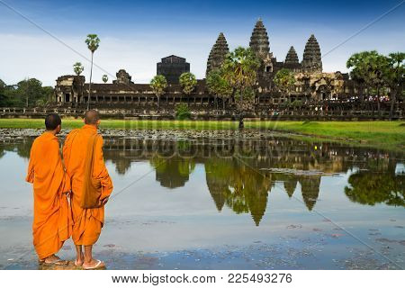 Monks In Buddhism At Angkor Wat, Siem Reap, Combodia, Ancient, Travel, Religion And Asia Concept