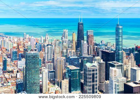 Chicago Skyline. Cityscape Of Downtown, Aerial Panorama, Illinois, Usa