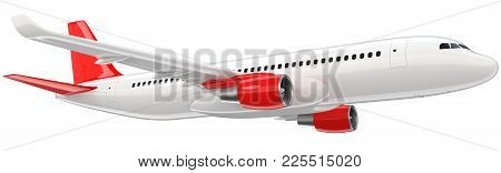High Detailed White Airliner With A Red Tail Wing, 3d Render On A White Background. Airplane Take Of