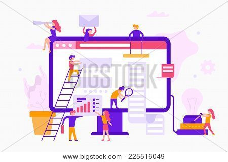 Small People Around A Monitor Make A Web Site Infographic. Teamwork Business Concept. Business Worke
