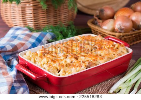 Mac And Cheese, American Style Macaroni Pasta In Cheesy Sauce. Homemade Cheesy Pasta