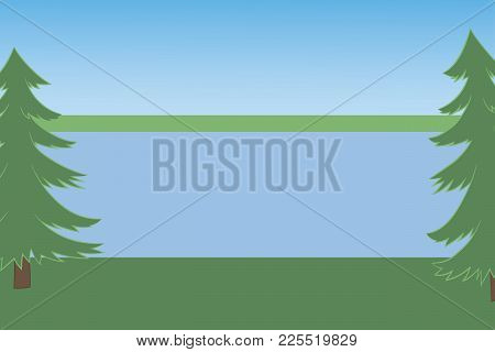 Landscape With Two Pines With Lake, Sky Summer Hot Day